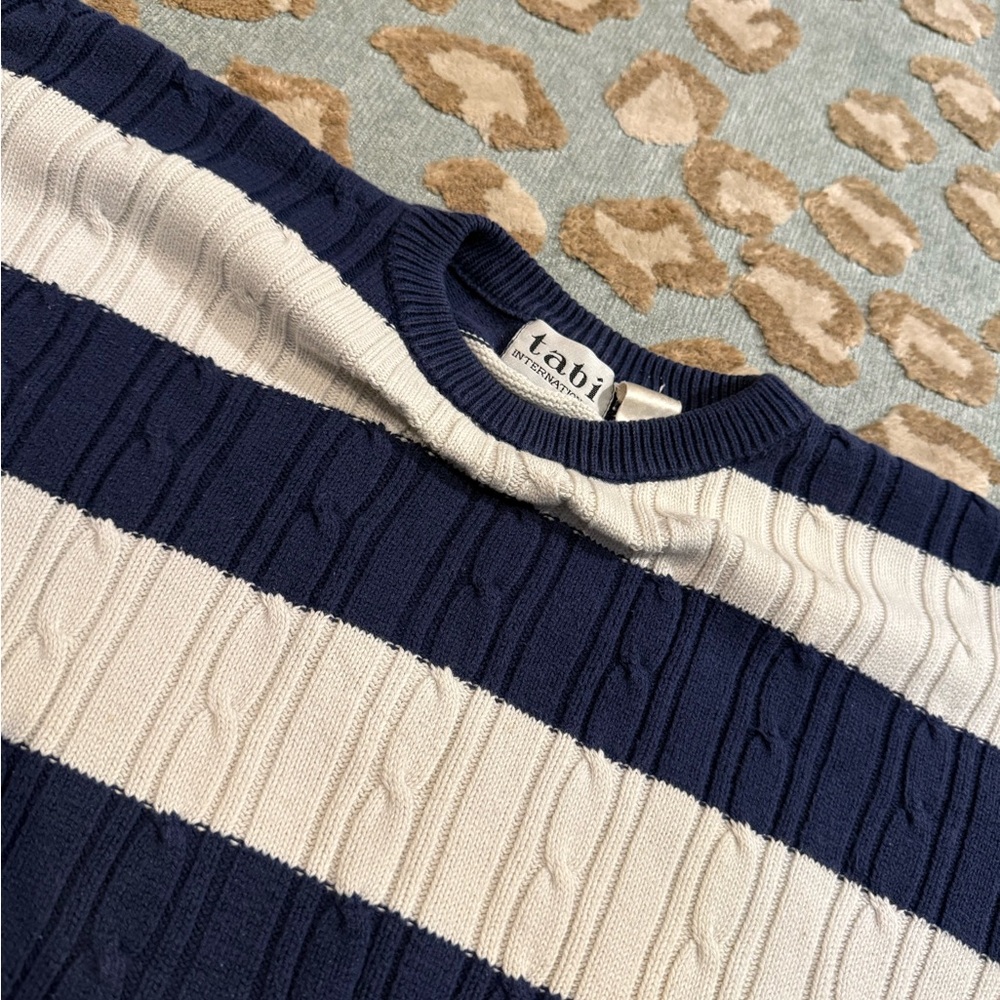 Navy and Cream Striped Women's Sweater